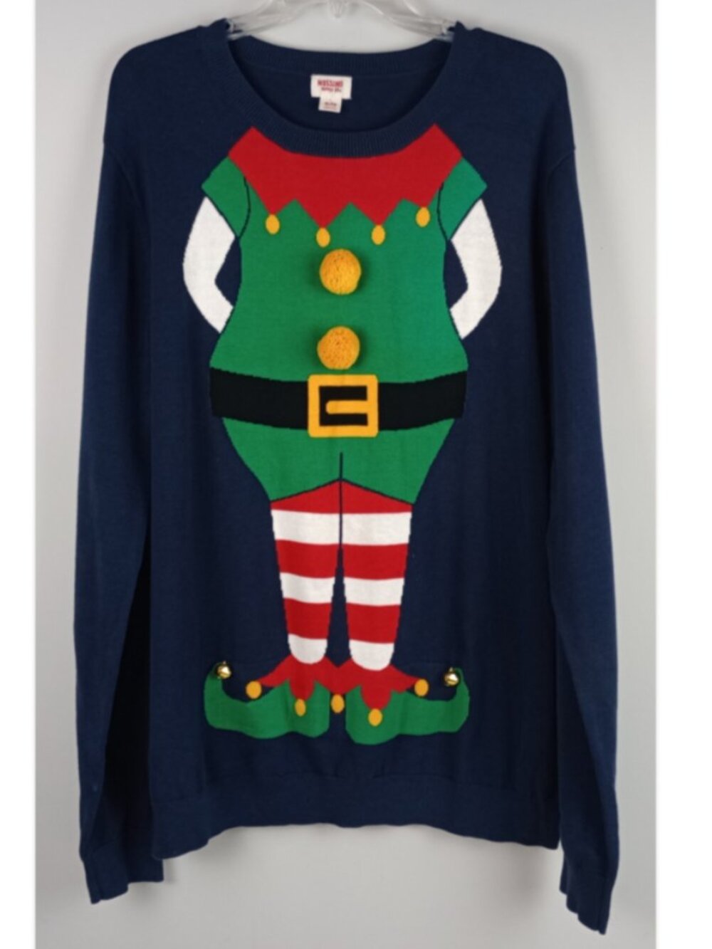 Mossimo Supply Co Mens XL Navy Blue Christmas Elf 3D Bells Pom Poms Ugly Sweater